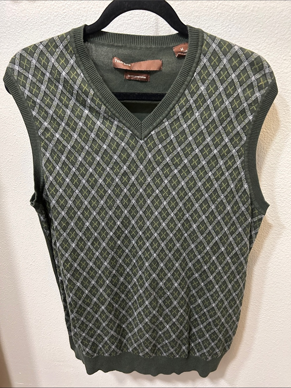 Perry Ellis Olive Green Argyle V-Neck Sweater Vest